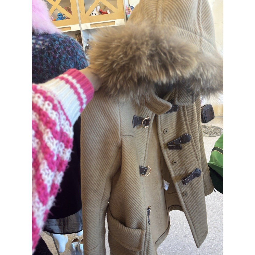 TesteWeline Beige Duffle Coat Women's Fur Trim Hood Toggle Long Sleeve 165/88A